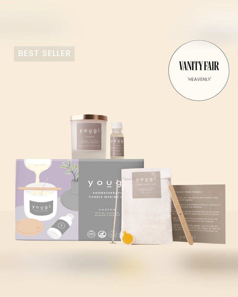 The Soothe candle-making kit: box, frosted glass vessel with copper lid, essential oil blend, soy wax, wick and instructions