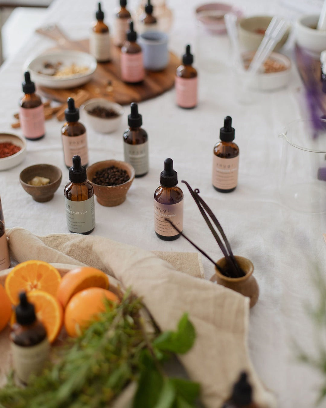 Yougi essential oils and botanicals laid out at the Connaught Street studio