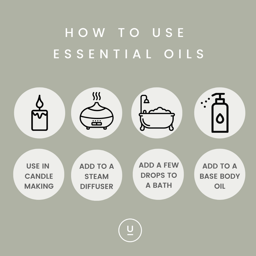 How to use essential oils? Use in candle making, add to steam diffuser, add a few drops to a bath, add to a base body oil