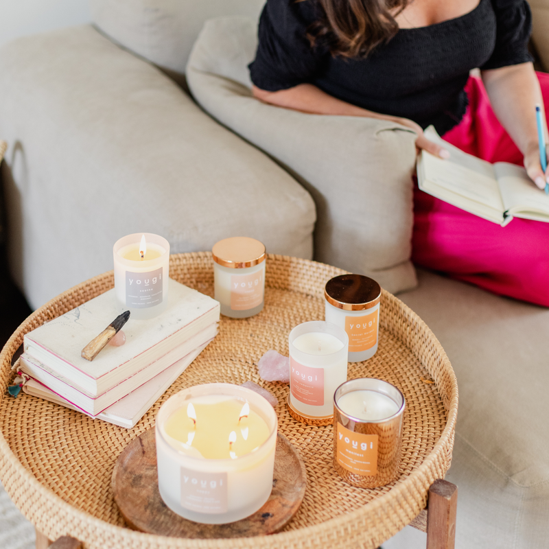 A restful, empty moment with a lit candle.