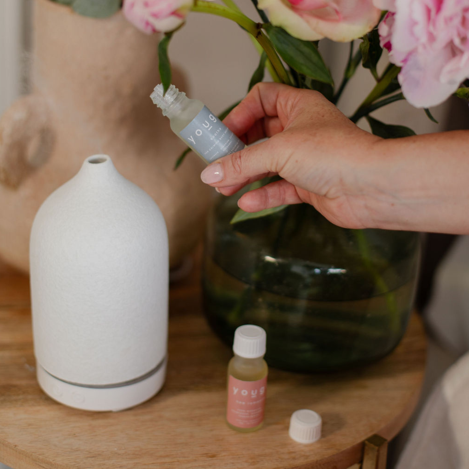 Essential oils by the bed for better sleep.