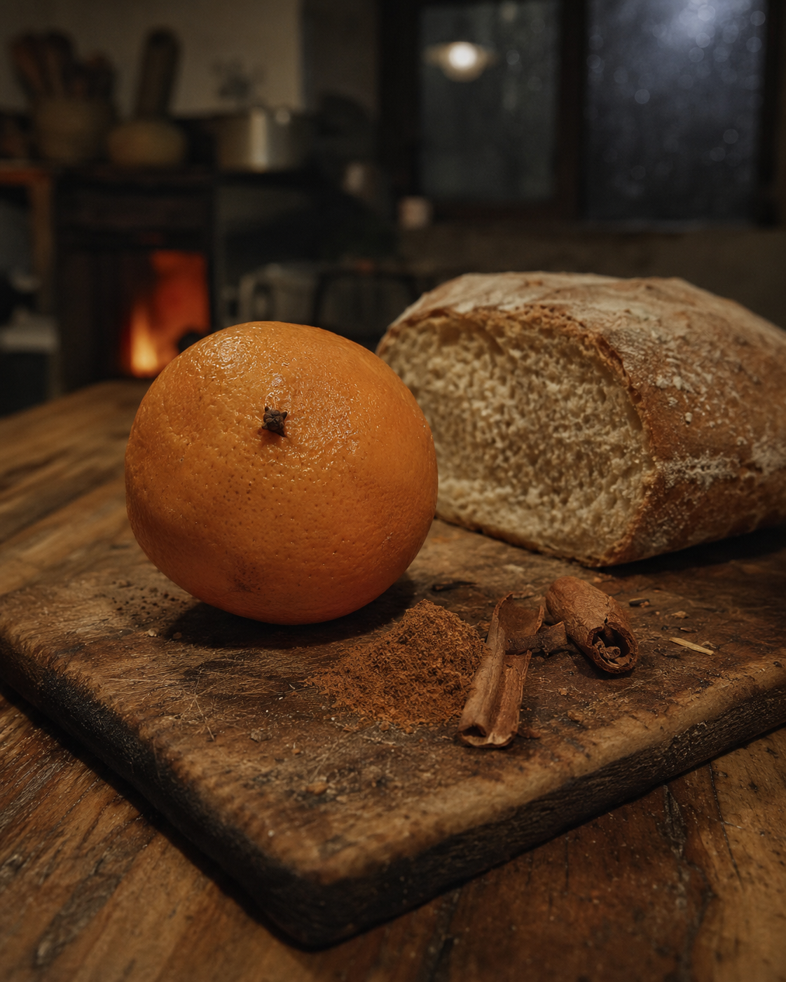 Peace: an orange, a loaf and cinnamon on a board in a warm kitchen
