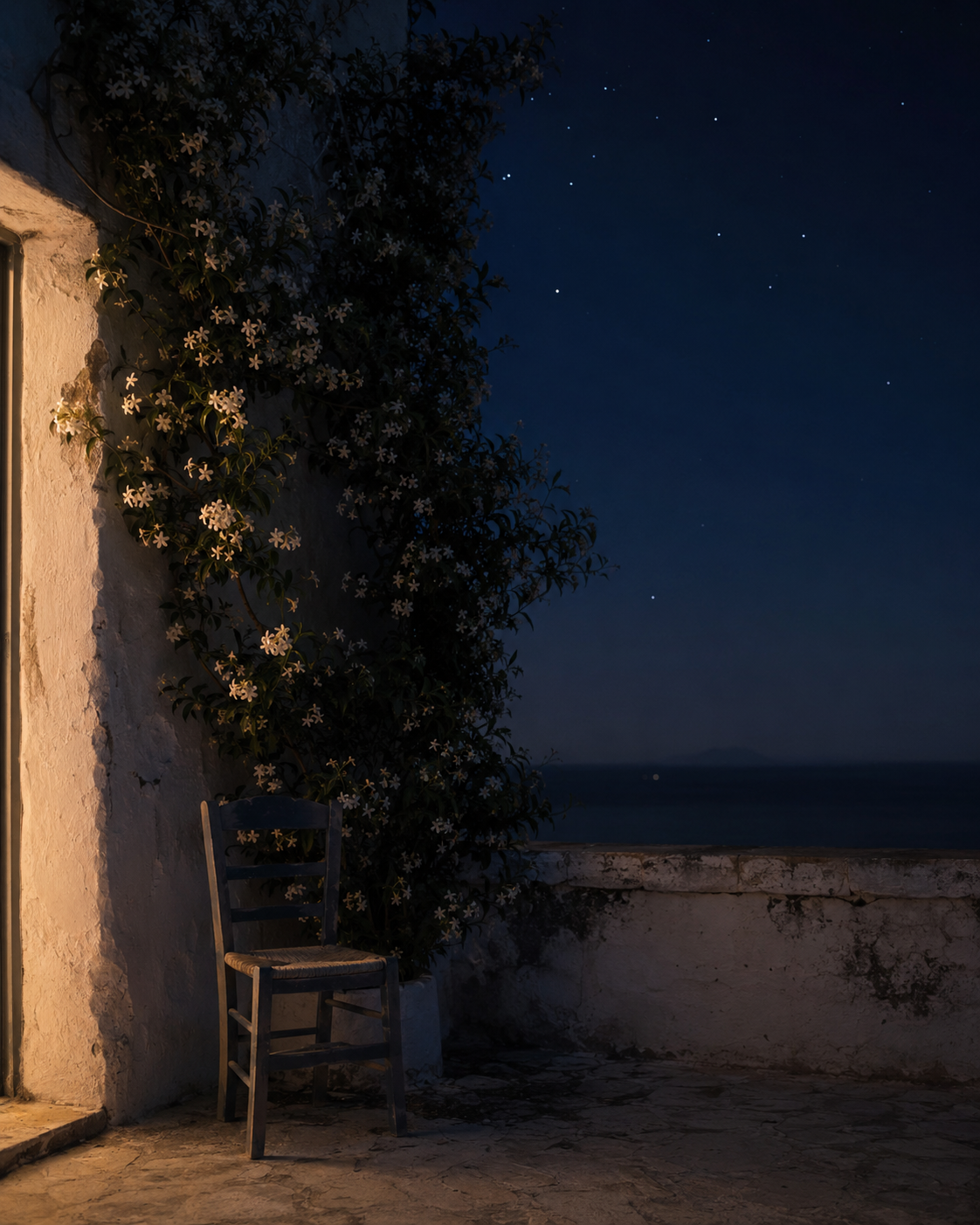 Moonlight Bloom: a wooden chair on a terrace at night, jasmine climbing the wall, stars over the sea