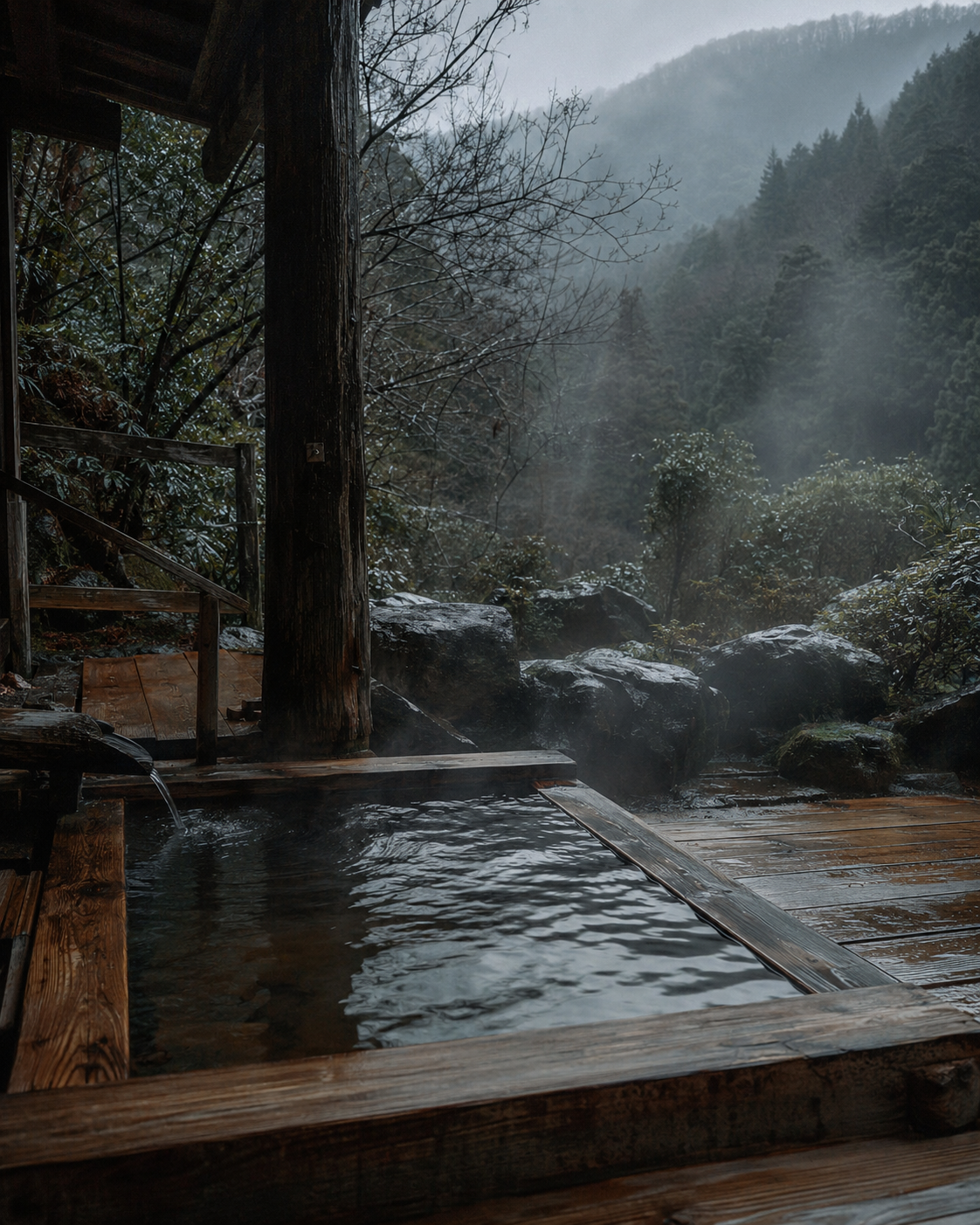 Forest Bathing: a timber bathhouse by wet moss and mountains, steam rising