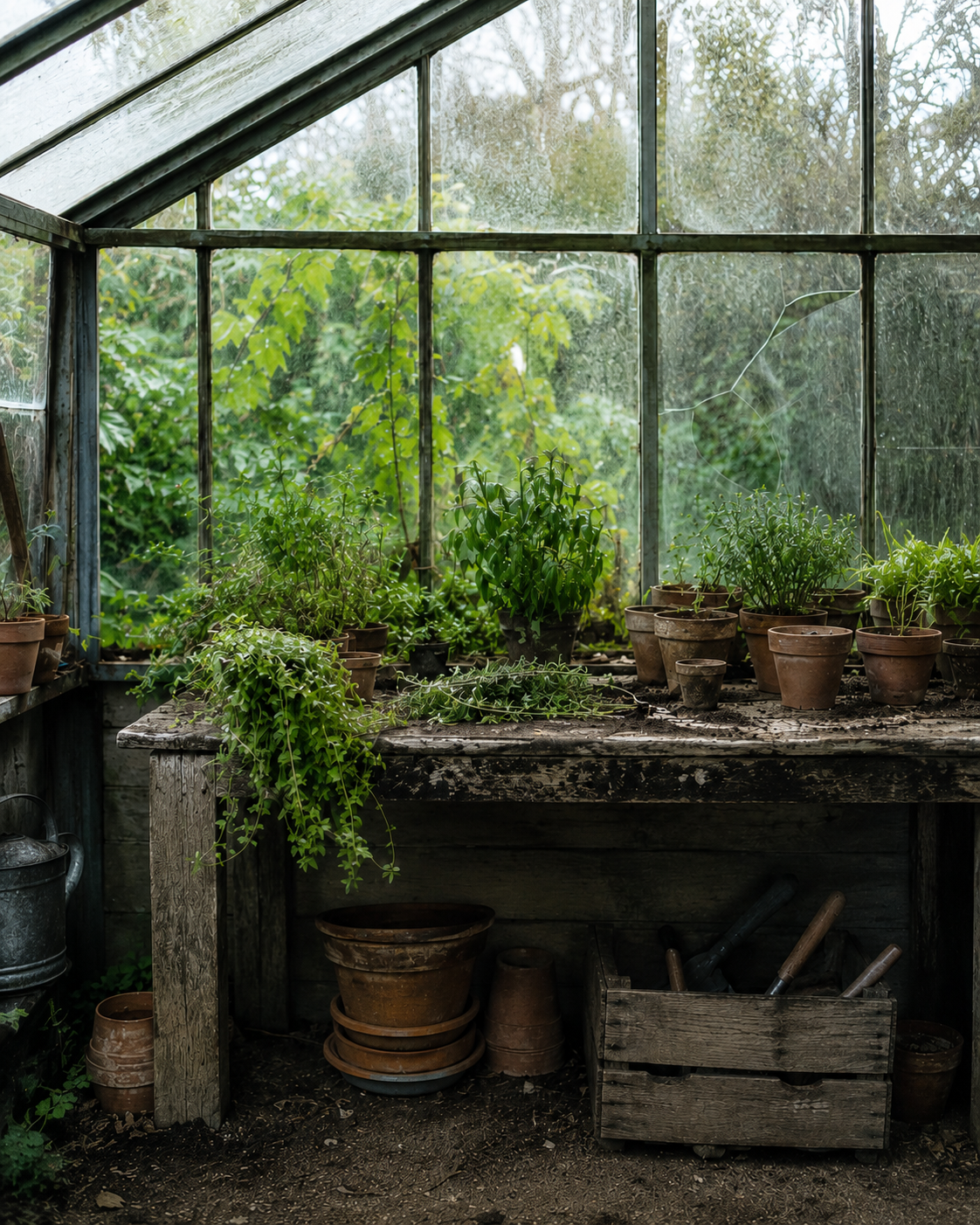 Apothecary Garden: a glasshouse of herbs in terracotta pots, morning light