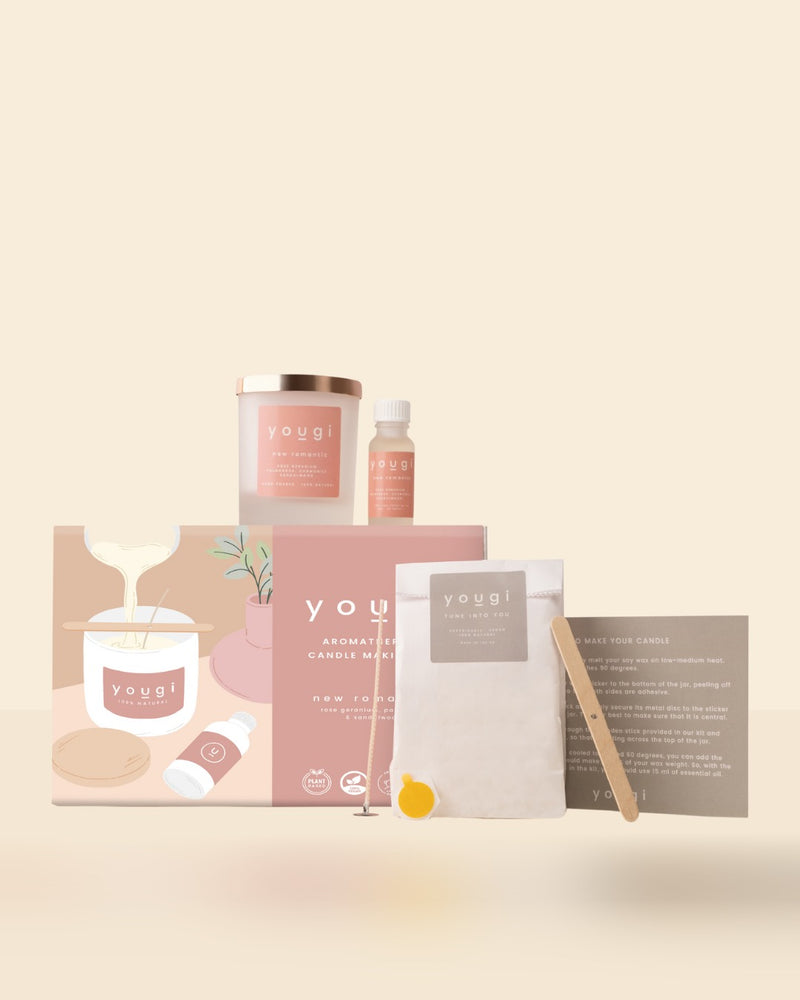 The New Romantic candle-making kit: box, frosted glass vessel with copper lid, essential oil blend, soy wax, wick and instructions