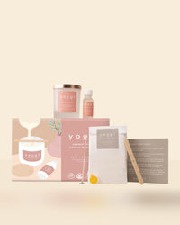 The New Romantic candle-making kit: box, frosted glass vessel with copper lid, essential oil blend, soy wax, wick and instructions