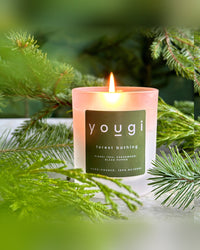 Forest Bathing pine and cedarwood soy wax candle in frosted glass with copper lid