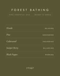 Forest Bathing scent card: pure essential oils of hinoki, pine, cedarwood, juniper berry and black pepper, and what each one does