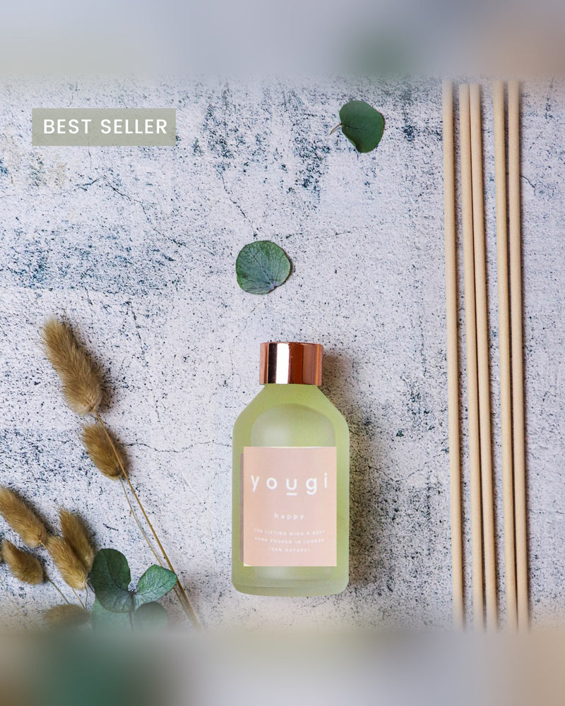 Happy natural reed diffuser, 100ml amber glass bottle with reeds