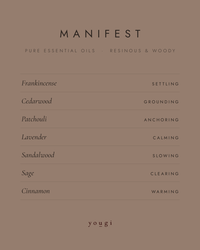 Manifest scent card: pure essential oils led by frankincense, and what each one does