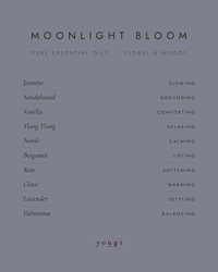 Moonlight Bloom scent card: pure essential oils led by jasmine, and what each one does