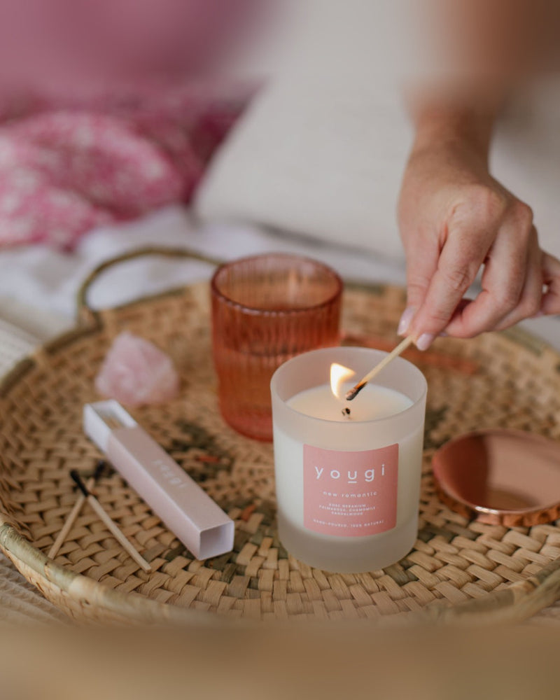 New Romantic rose geranium soy wax candle in frosted glass with copper lid