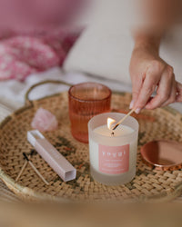 New Romantic rose geranium soy wax candle in frosted glass with copper lid