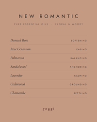 New Romantic scent card: pure essential oils led by damask rose, and what each one does