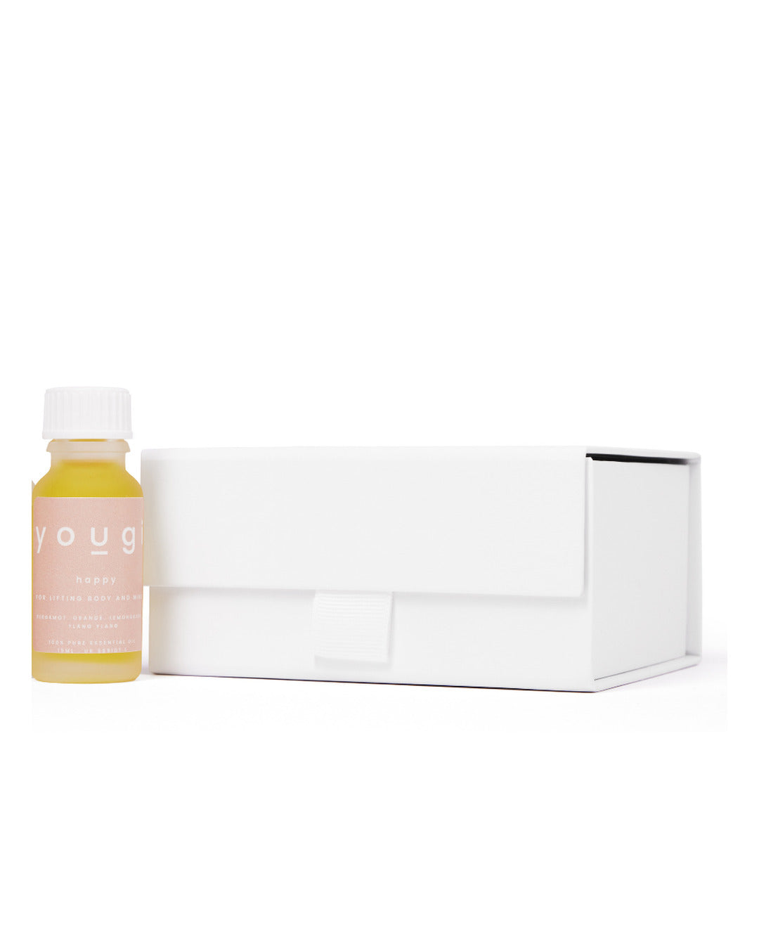 Essential oil gift set: the Happy 15ml bottle beside its white magnetic keepsake box