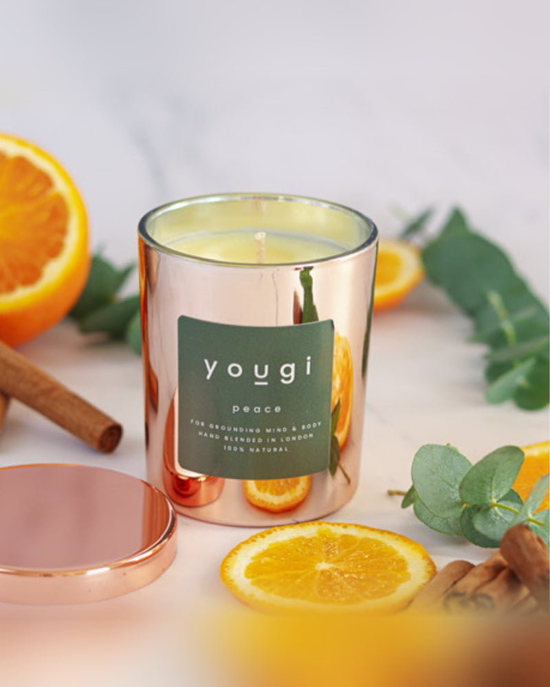 Peace festive spiced soy wax candle in frosted glass with copper lid