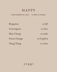 Happy scent card: bergamot, lemongrass, may chang, sweet orange and ylang ylang, and what each one does