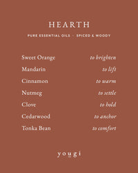 Hearth scent card: sweet orange, mandarin, cinnamon, nutmeg, clove, cedarwood and tonka bean, and what each one does