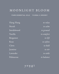 Moonlight Bloom scent card: ylang ylang, neroli, sandalwood, vanilla, bergamot, rose, clove, jasmine, lavender and palmarosa