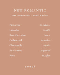New Romantic scent card: palmarosa, lavender, rose geranium, cedarwood, chamomile, sandalwood and rose, and what each one does
