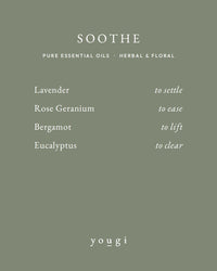 Soothe scent card: lavender, rose geranium, bergamot and eucalyptus, and what each one does